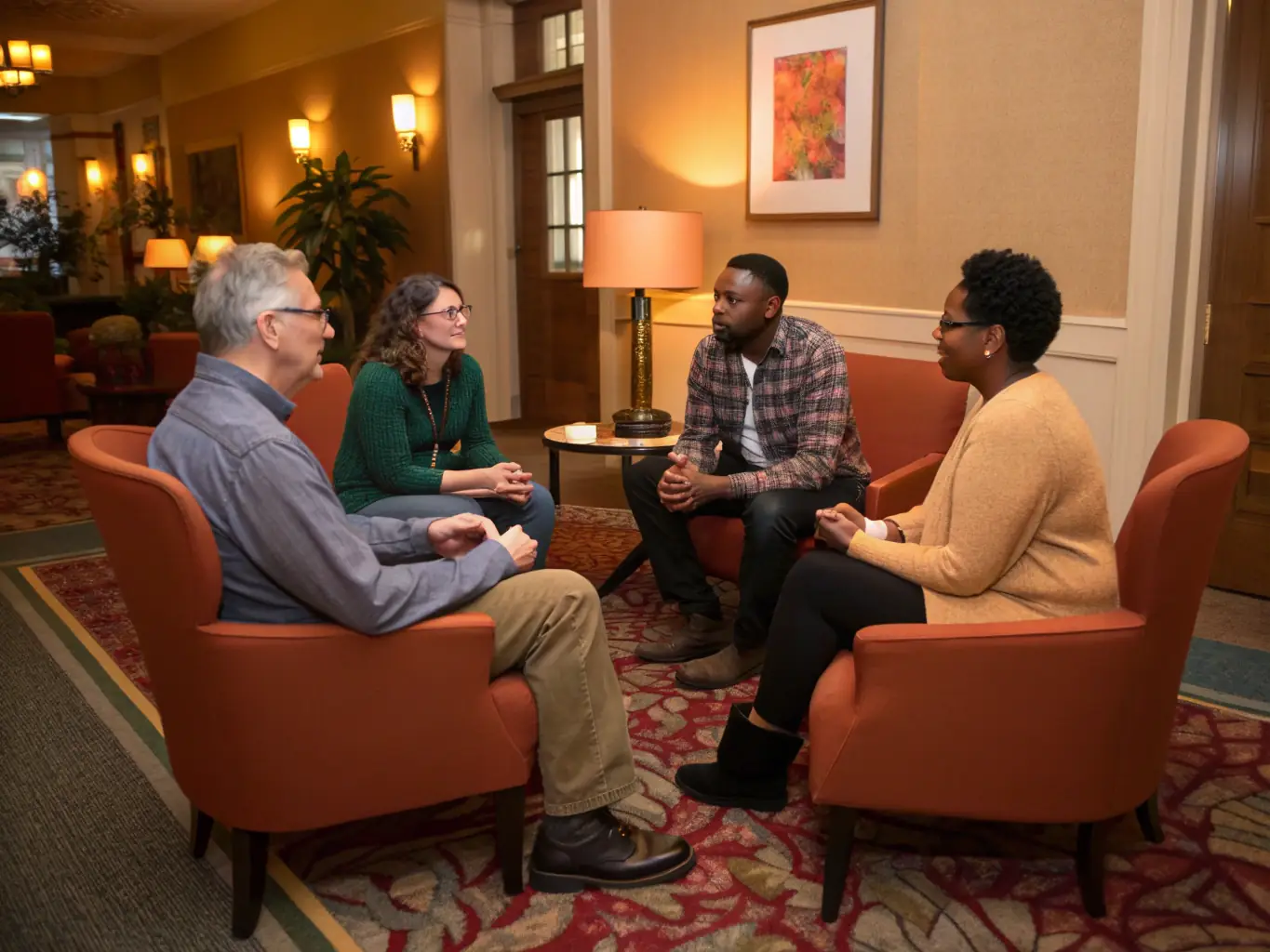 A photograph depicting a group of patients participating in a peer support group session at AURAL, facilitated by a healthcare professional. The setting is a comfortable and supportive environment, with participants actively engaged in conversation and sharing experiences.