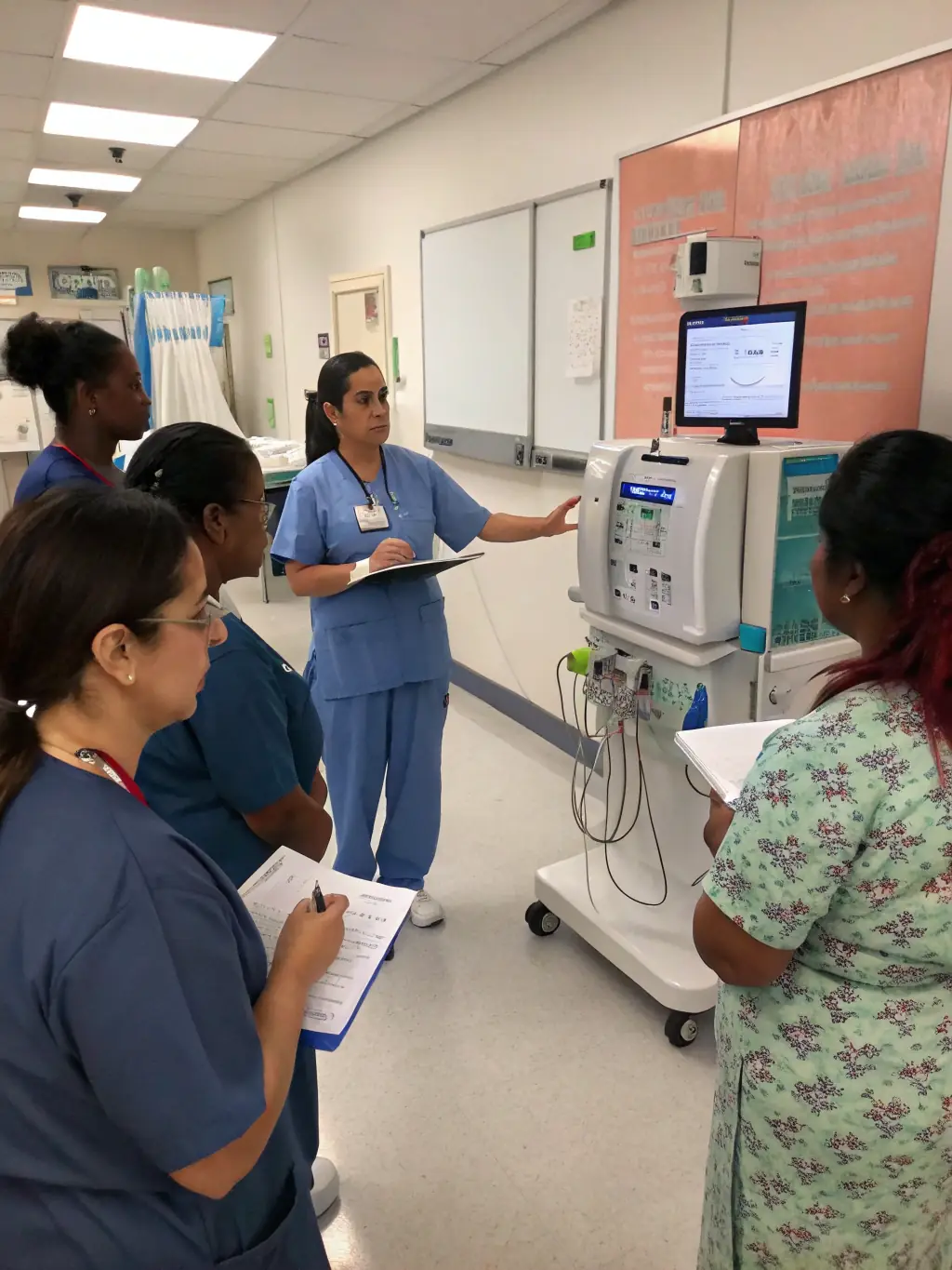 A healthcare professional conducting a workshop on home dialysis techniques, demonstrating equipment and providing hands-on training to patients and caregivers.