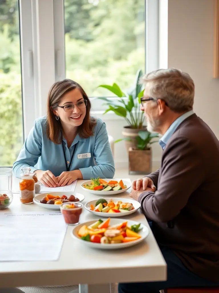 A patient receiving personalized nutritional counseling from a registered dietitian, focusing on kidney-friendly meal planning and dietary management.