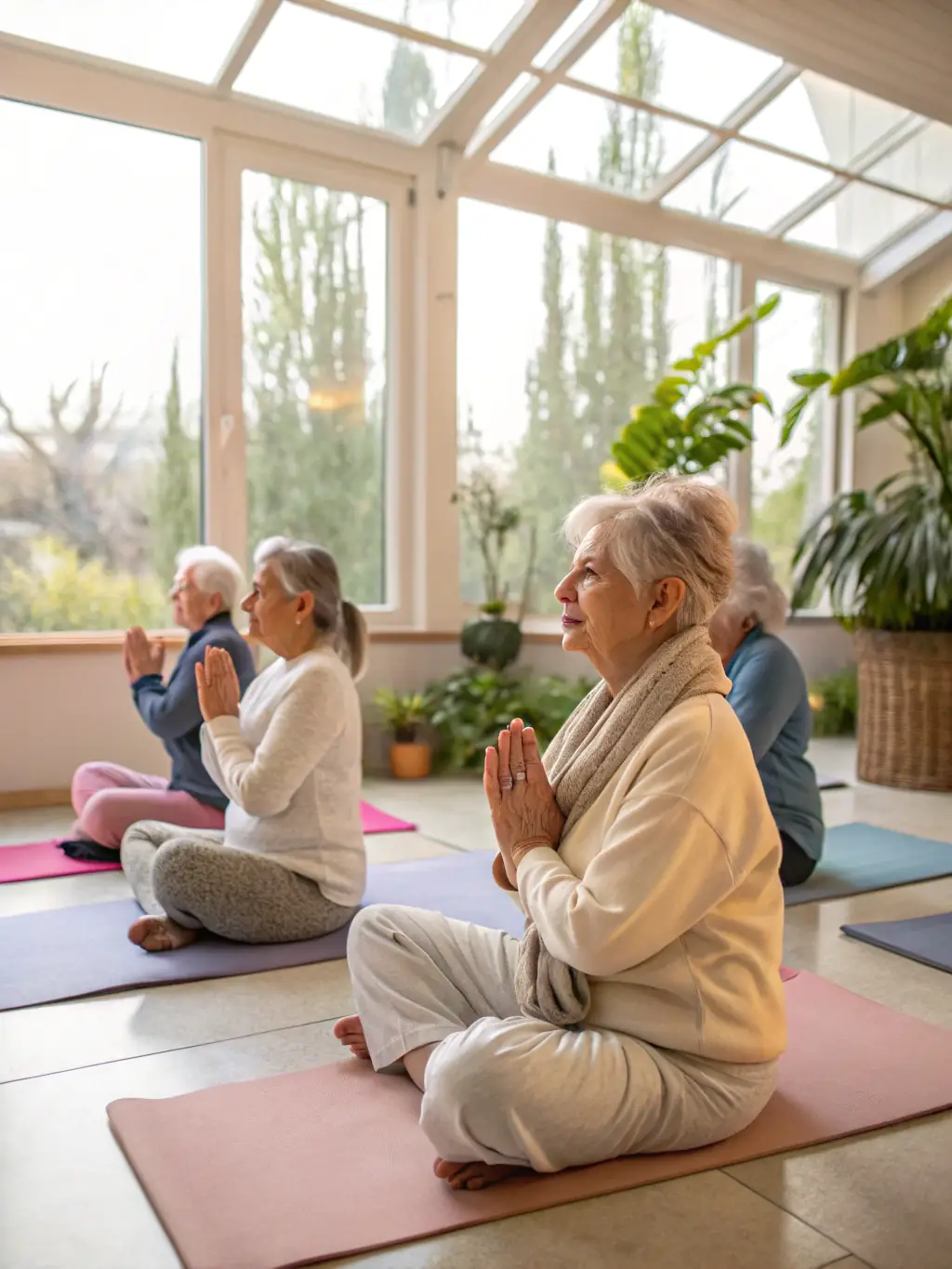 A group of patients and their families participating in a recreational activity, such as a gentle exercise class or an art therapy session, promoting well-being and social interaction.