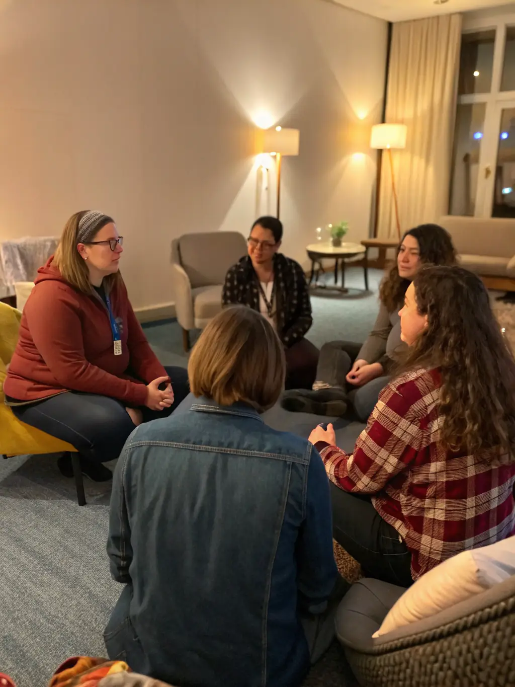 A group of patients participating in a peer support group session, sharing experiences and offering encouragement, facilitated by a healthcare professional.