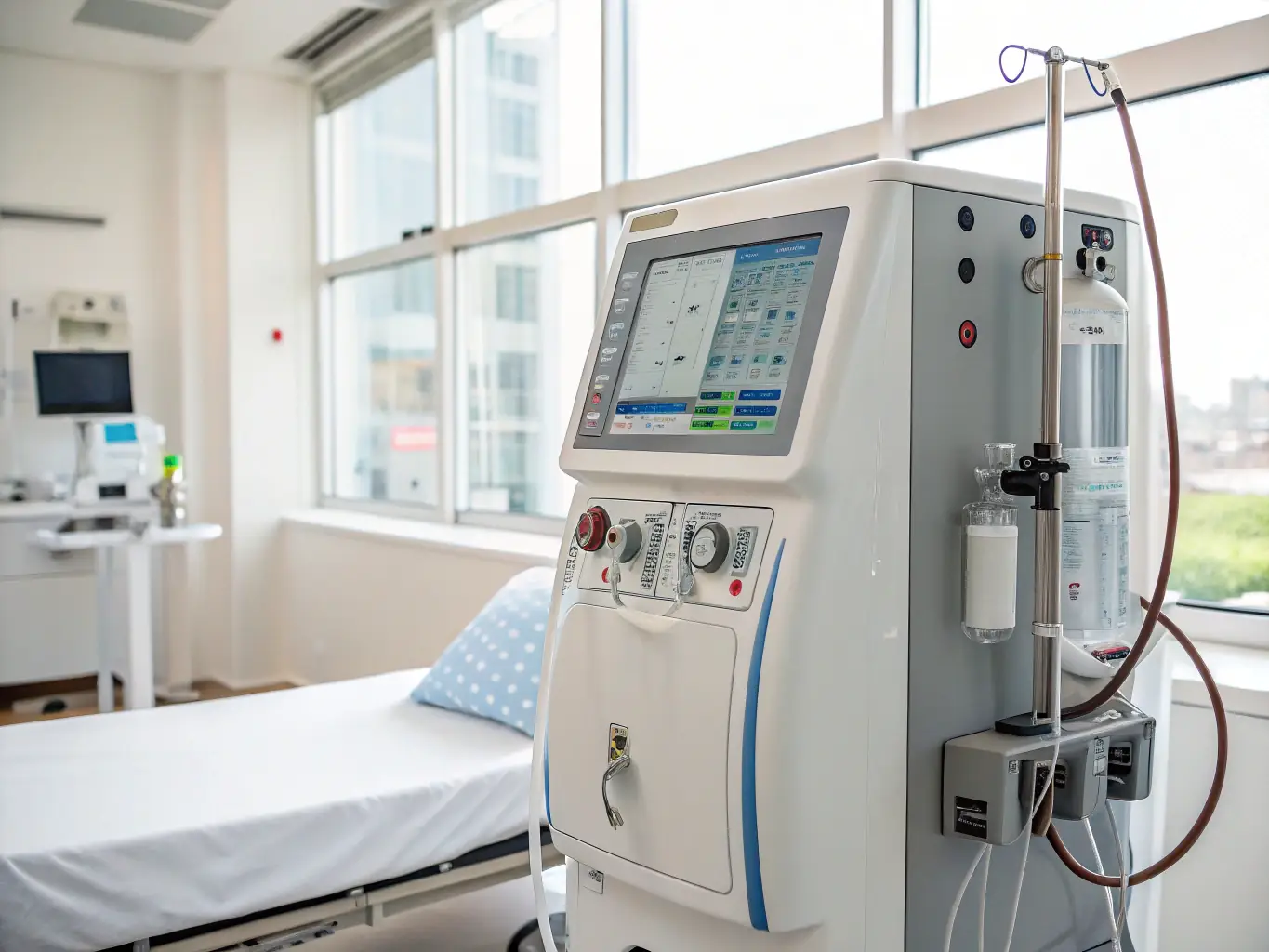 A photograph showcasing a patient receiving advanced dialysis treatment at AURAL, with a focus on the state-of-the-art equipment and the attentive care provided by the medical staff. The image highlights the comfort and effectiveness of the treatment.