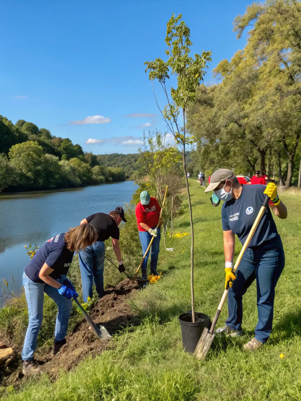 A vibrant photo of volunteers planting trees along a riverbank in Puisaye, showcasing the association's reforestation efforts.