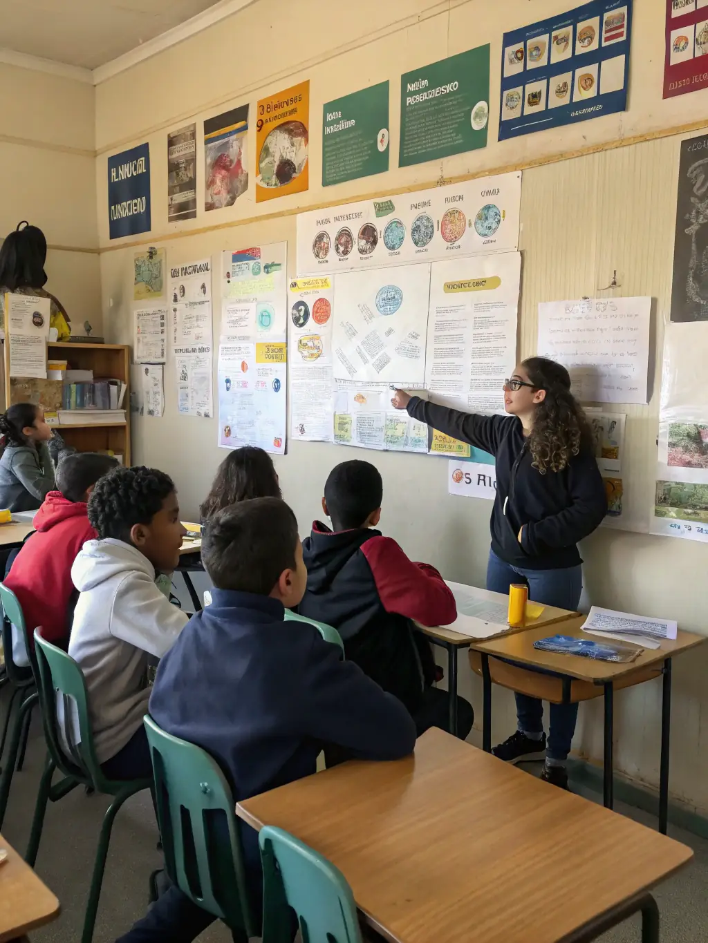 An educational workshop in a local school, teaching children about the importance of environmental conservation and sustainable practices.