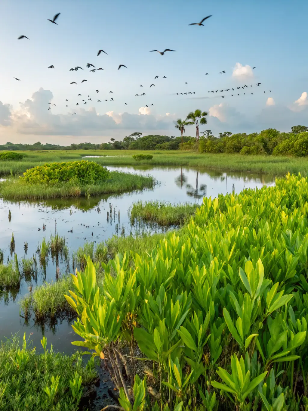 A serene image of the Puisaye landscape, showcasing a restored wetland area with diverse plant and animal life.