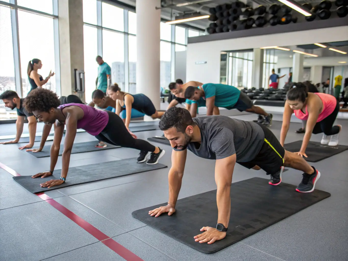 An image depicting adults engaged in a group fitness session at CHANTEL'GYM ET DETENTE, demonstrating various exercises and movements. The participants are smiling and motivated, highlighting the social and energetic atmosphere of the class.