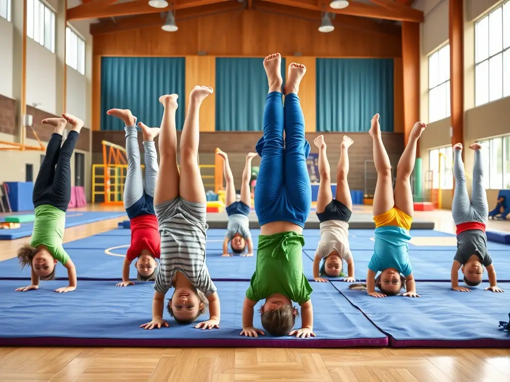 A vibrant image of children participating in a gymnastics class at CHANTEL'GYM ET DETENTE, showcasing their flexibility and coordination under the guidance of an instructor. The setting is bright and encouraging, reflecting the gym's positive atmosphere.