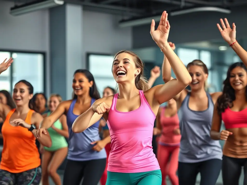 A vibrant photo of adults engaged in a group fitness session, performing exercises with enthusiasm and energy. The background features modern gym equipment and a motivating atmosphere.