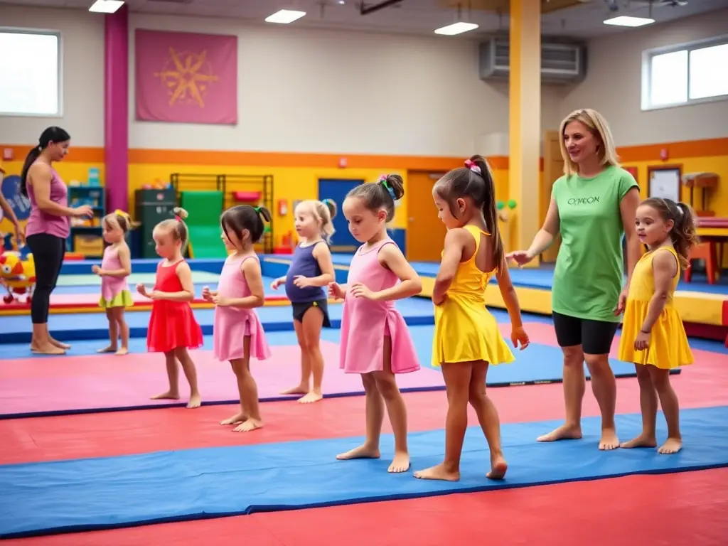 A dynamic image showcasing a group of children participating in a gymnastics class, with a coach guiding them through various exercises. The setting is a well-equipped gymnastics facility with colorful mats and equipment.