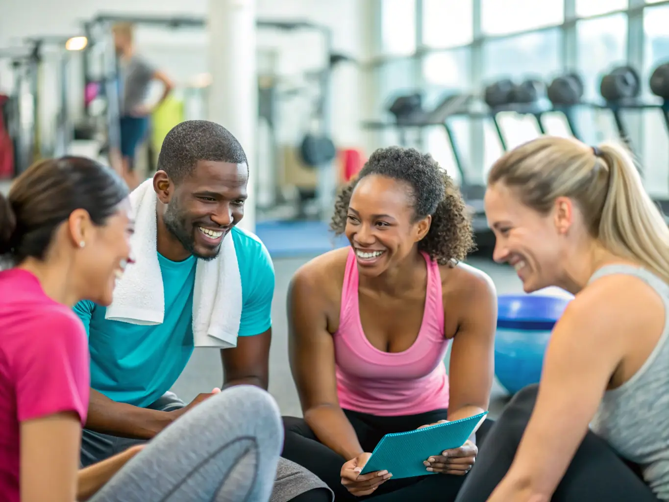 A photograph of members laughing and interacting during a social event at CHANTEL'GYM ET DETENTE, emphasizing the gym's focus on community building.